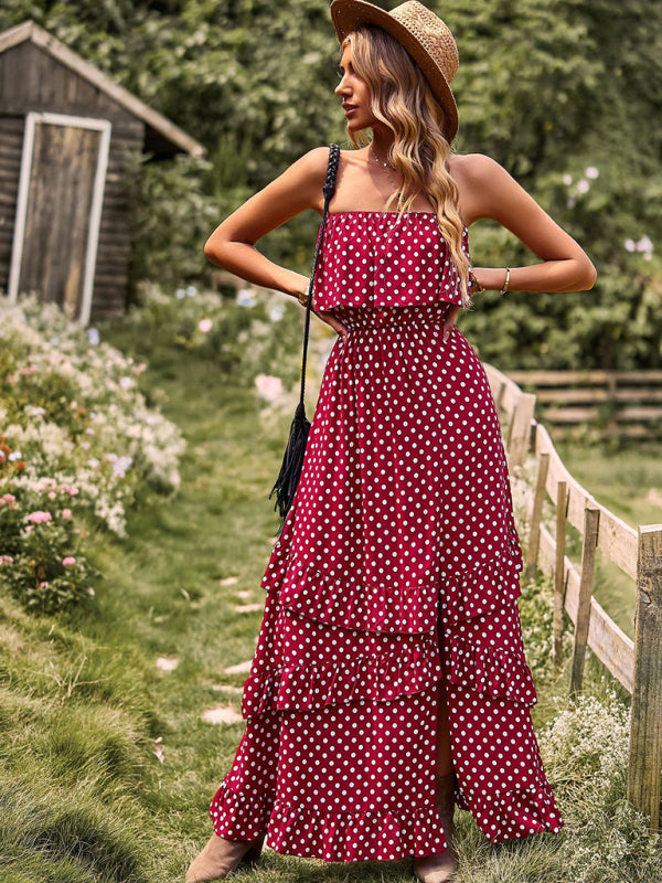 Maxi Dresses- Women's Polka Dot Strapless Tiered Maxi Dress With Slit Leg- - IndioGear Fashion and Gear