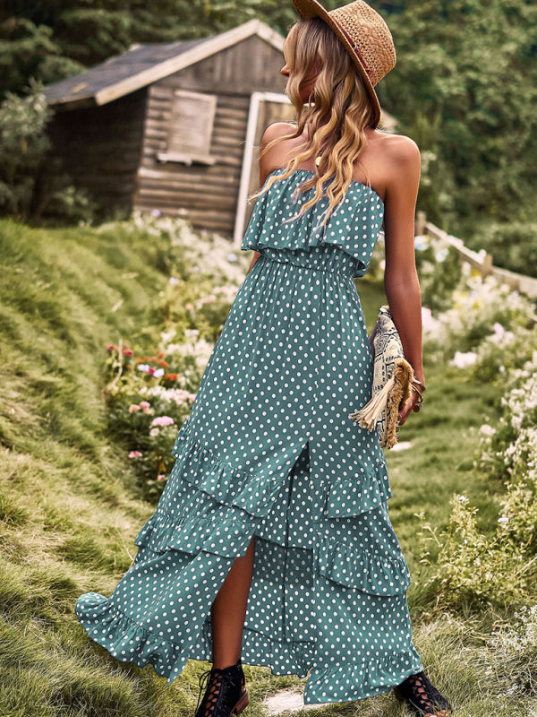 Maxi Dresses- Women's Polka Dot Strapless Tiered Maxi Dress With Slit Leg- - IndioGear Fashion and Gear