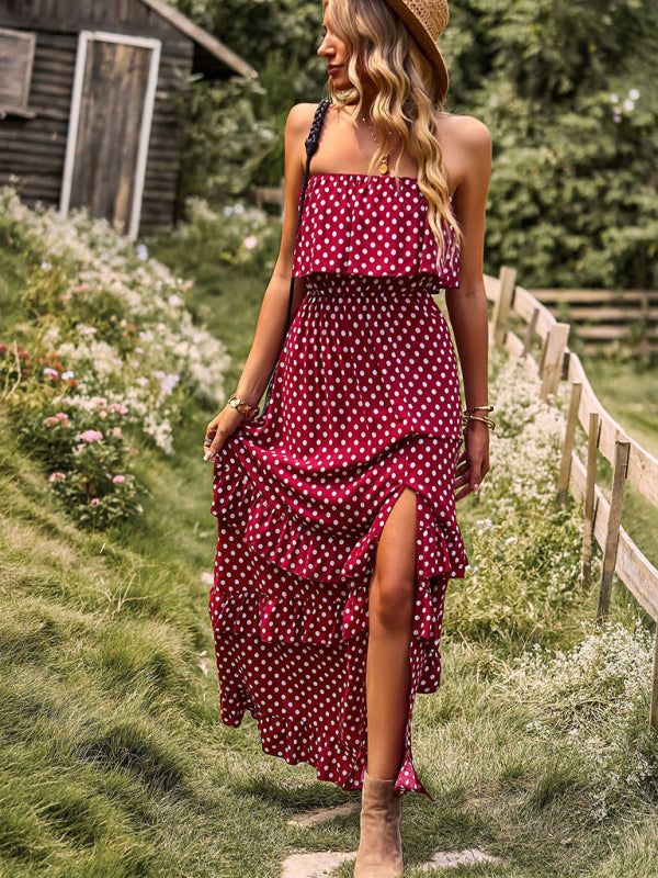 Maxi Dresses- Women's Polka Dot Strapless Tiered Maxi Dress With Slit Leg- Wine Red- IndioGear Fashion and Gear