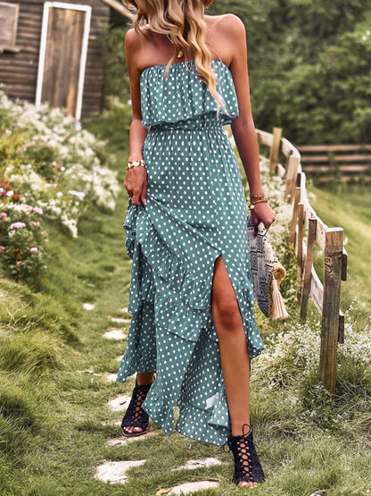 Maxi Dresses- Women's Polka Dot Strapless Tiered Maxi Dress With Slit Leg- - IndioGear Fashion and Gear