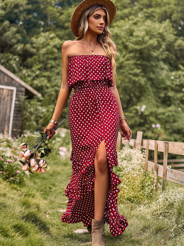 Maxi Dresses- Women's Polka Dot Strapless Tiered Maxi Dress With Slit Leg- - IndioGear Fashion and Gear