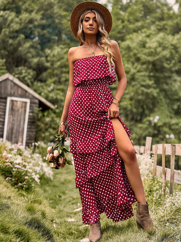 Maxi Dresses- Women's Polka Dot Strapless Tiered Maxi Dress With Slit Leg- - IndioGear Fashion and Gear