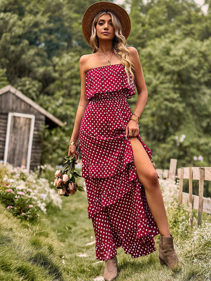 Maxi Dresses- Women's Polka Dot Strapless Tiered Maxi Dress With Slit Leg- - IndioGear Fashion and Gear