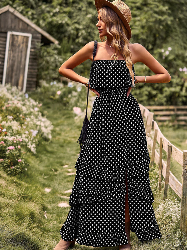 Maxi Dresses- Women's Polka Dot Strapless Tiered Maxi Dress With Slit Leg- - IndioGear Fashion and Gear