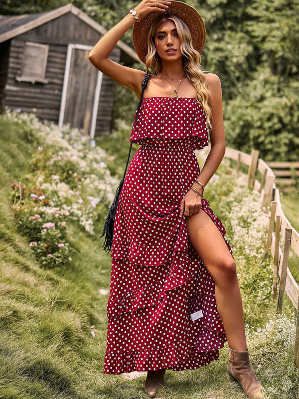 Maxi Dresses- Women's Polka Dot Strapless Tiered Maxi Dress With Slit Leg- - IndioGear Fashion and Gear