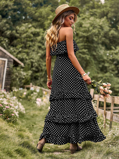 Maxi Dresses- Women's Polka Dot Strapless Tiered Maxi Dress With Slit Leg- - IndioGear Fashion and Gear