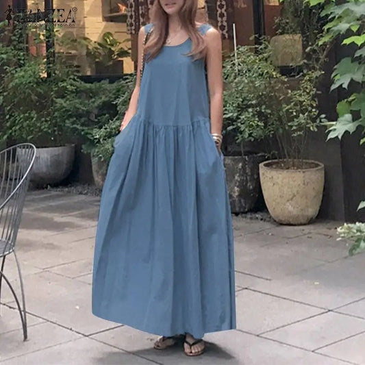 Maxi Dresses- Women's Summer Tank Tunic Maxi Dress with Handy Side Pockets- - IndioGear Fashion and Gear