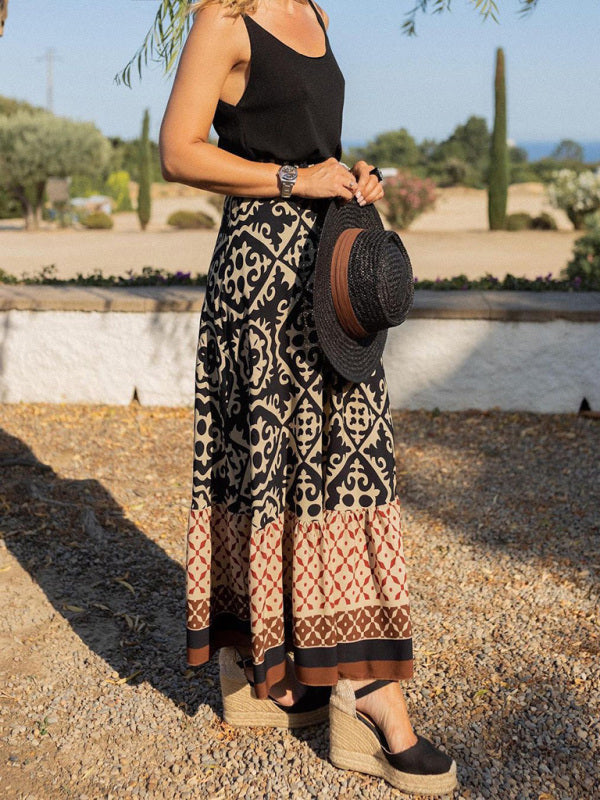 Maxi Skirts- Boho Paisley Print Tiered Ruffle Maxi Skirt with Elastic Waistband- - IndioGear Fashion and Gear