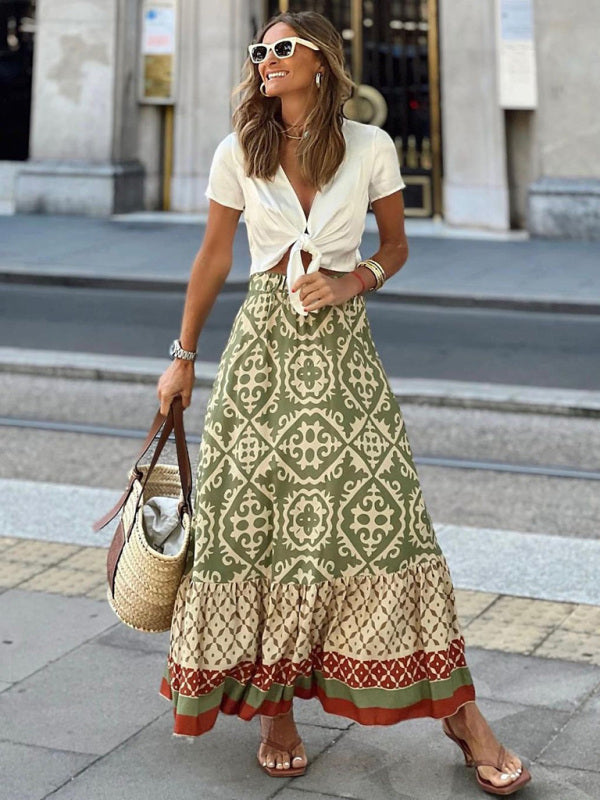 Maxi Skirts- Boho Paisley Print Tiered Ruffle Maxi Skirt with Elastic Waistband- - IndioGear Fashion and Gear