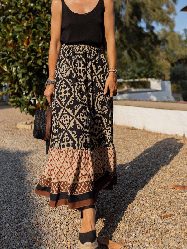 Maxi Skirts- Boho Paisley Print Tiered Ruffle Maxi Skirt with Elastic Waistband- Black- IndioGear Fashion and Gear