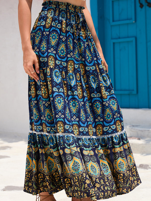 Maxi Skirts- Boho Smocked Waistband Maxi Skirt in Parsley Print- Champlain color- IndioGear Fashion and Gear