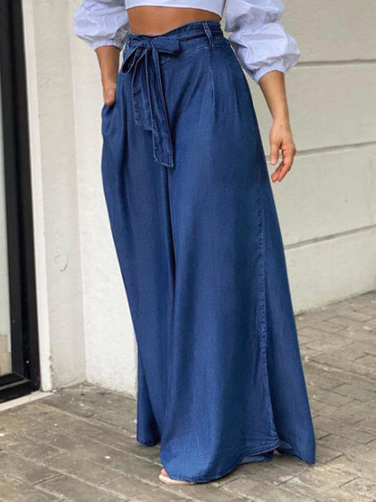 Maxi Skirts-Denim Maxi Dress with Belt and Handy Pockets-Pekosa Women Clothing