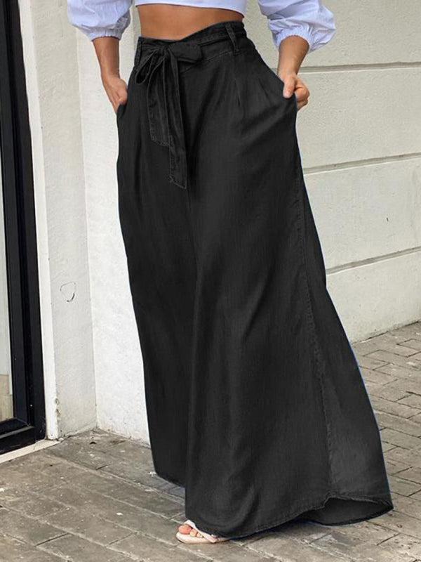 Maxi Skirts-Denim Maxi Dress with Belt and Handy Pockets-Pekosa Women Clothing