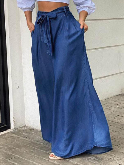 Maxi Skirts-Denim Maxi Dress with Belt and Handy Pockets-Pekosa Women Clothing