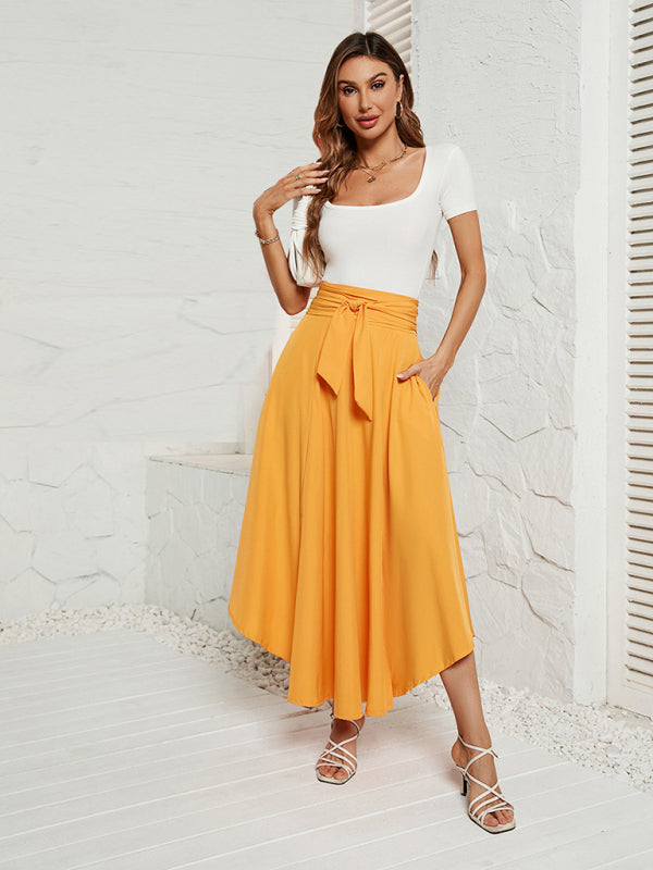 Maxi Skirts-Tie-Waist Flowy Maxi Skirt with Handy Pockets-Pekosa Women Clothing