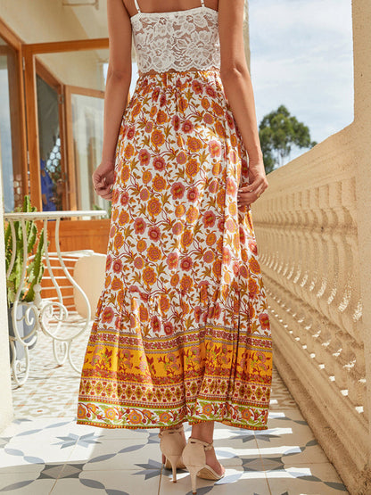 Maxi Skirts- Women's Maxi Skirt: Cotton Floral, Elastic Waistband, Button Front- - IndioGear Fashion and Gear