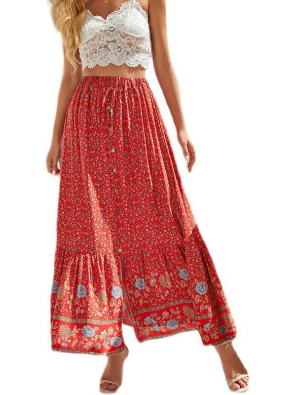 Maxi Skirts- Women's Maxi Skirt: Cotton Floral, Elastic Waistband, Button Front- - IndioGear Fashion and Gear