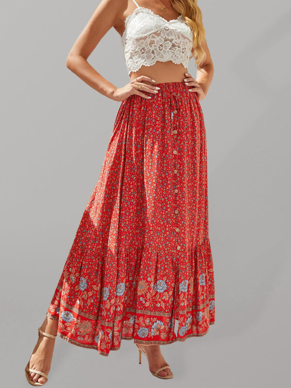 Maxi Skirts- Women's Maxi Skirt: Cotton Floral, Elastic Waistband, Button Front- Red- IndioGear Fashion and Gear