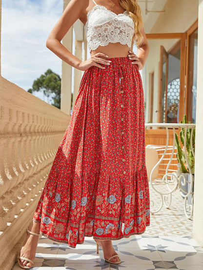 Maxi Skirts- Women's Maxi Skirt: Cotton Floral, Elastic Waistband, Button Front- - IndioGear Fashion and Gear