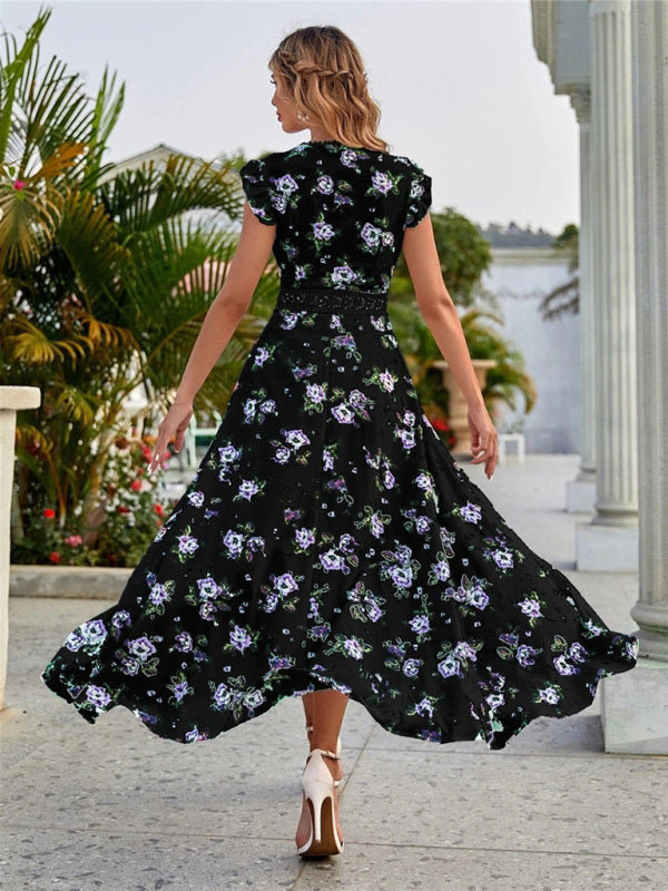 Maxi dress- Cocktail Cotton Floral V-Neck High-Low Midi Dress with Lace Accents- - IndioGear Fashion and Gear