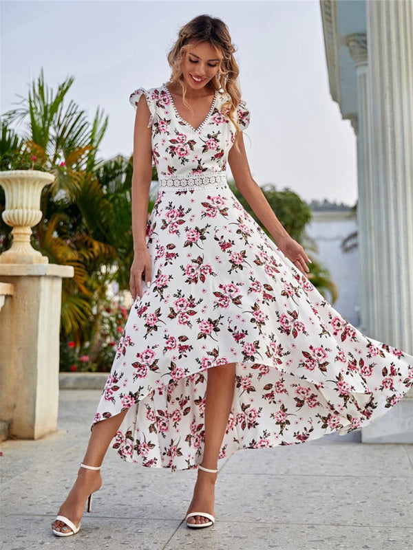 Maxi dress- Cocktail Cotton Floral V-Neck High-Low Midi Dress with Lace Accents- - IndioGear Fashion and Gear