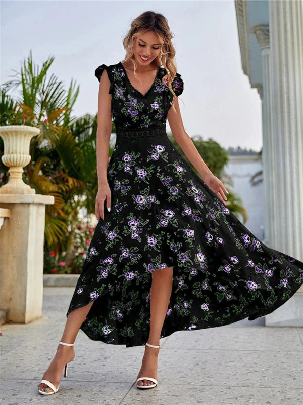 Maxi dress- Cocktail Cotton Floral V-Neck High-Low Midi Dress with Lace Accents- - IndioGear Fashion and Gear