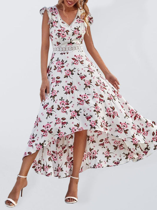 Maxi dress- Cocktail Cotton Floral V-Neck High-Low Midi Dress with Lace Accents- White- IndioGear Fashion and Gear