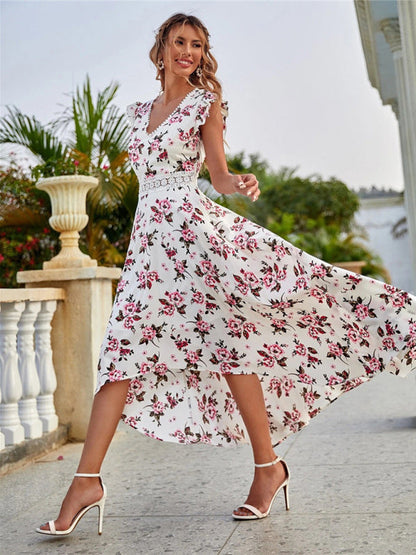 Maxi dress- Cocktail Cotton Floral V-Neck High-Low Midi Dress with Lace Accents- - IndioGear Fashion and Gear