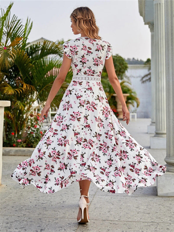 Maxi dress- Cocktail Cotton Floral V-Neck High-Low Midi Dress with Lace Accents- - IndioGear Fashion and Gear