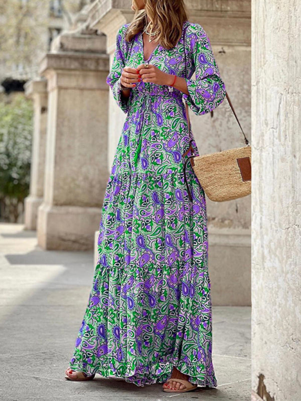 Maxi dress- Floral Tiered Long Sleeve V-Neck Vacation Maxi Dress- Green- IndioGear Fashion and Gear