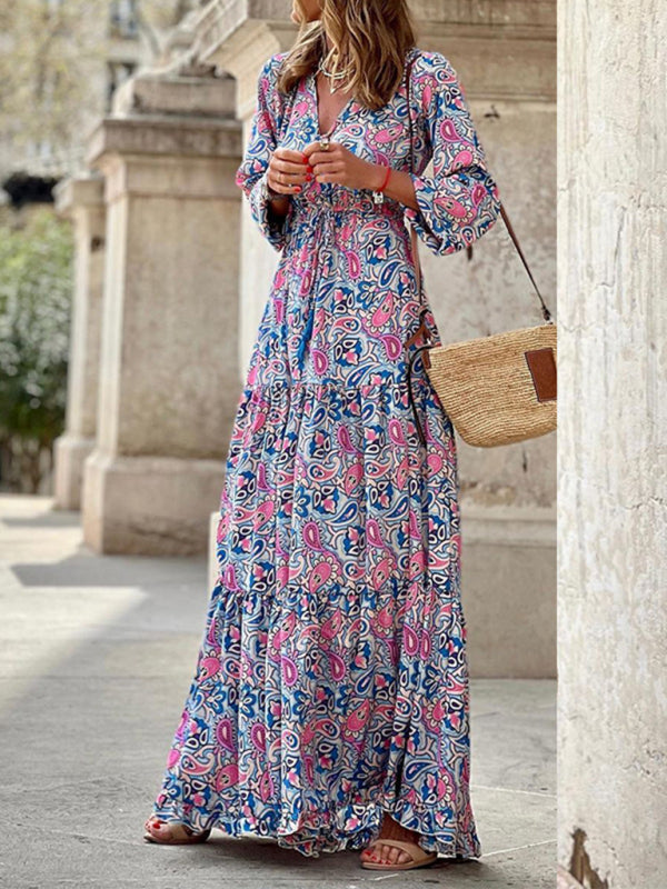 Maxi dress- Floral Tiered Long Sleeve V-Neck Vacation Maxi Dress- - IndioGear Fashion and Gear