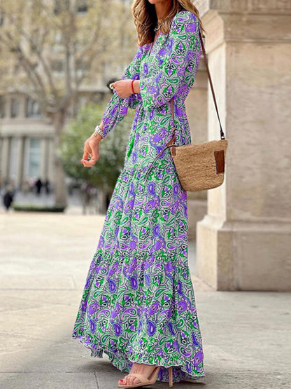 Maxi dress- Floral Tiered Long Sleeve V-Neck Vacation Maxi Dress- - IndioGear Fashion and Gear