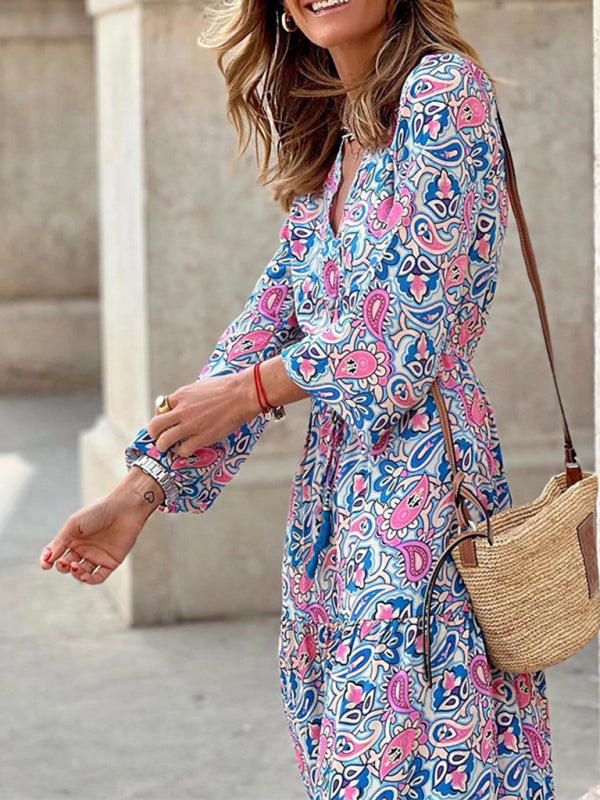 Maxi dress- Floral Tiered Long Sleeve V-Neck Vacation Maxi Dress- - IndioGear Fashion and Gear