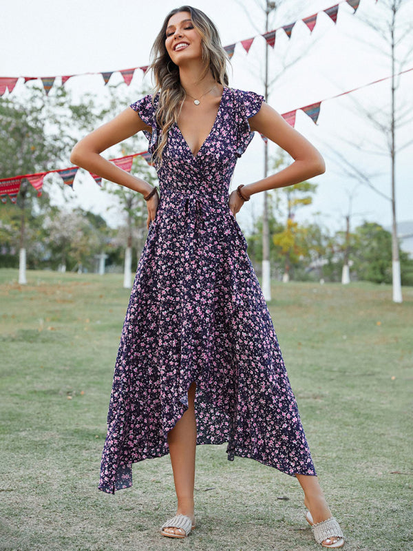 Maxi dress- Floral V-Neck High-Low Wrap Midi Dress- - IndioGear Fashion and Gear