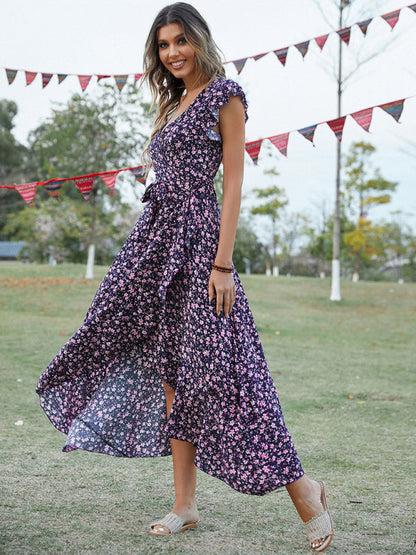 Maxi dress- Floral V-Neck High-Low Wrap Midi Dress- - IndioGear Fashion and Gear