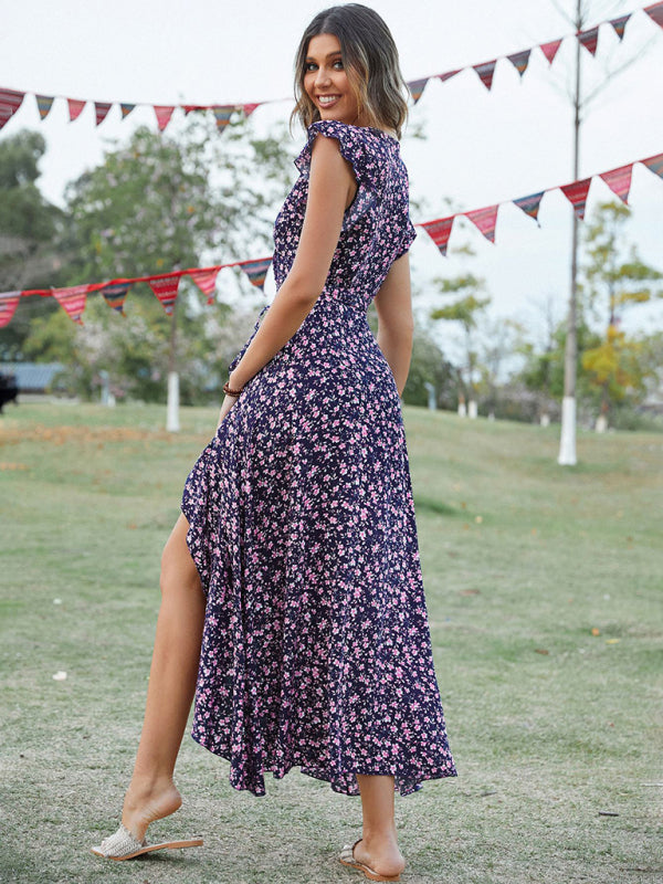 Maxi dress- Floral V-Neck High-Low Wrap Midi Dress- - IndioGear Fashion and Gear