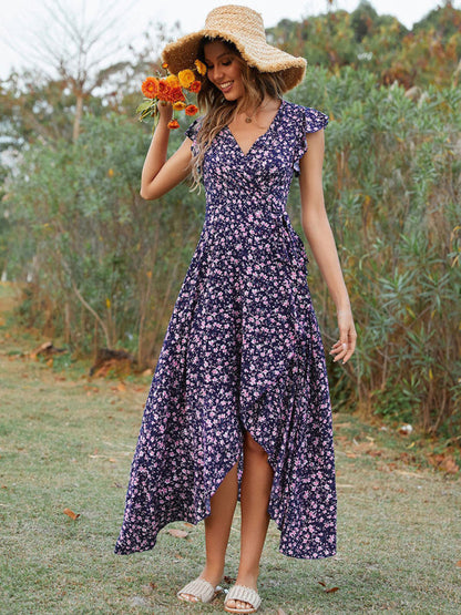 Maxi dress- Floral V-Neck High-Low Wrap Midi Dress- - IndioGear Fashion and Gear