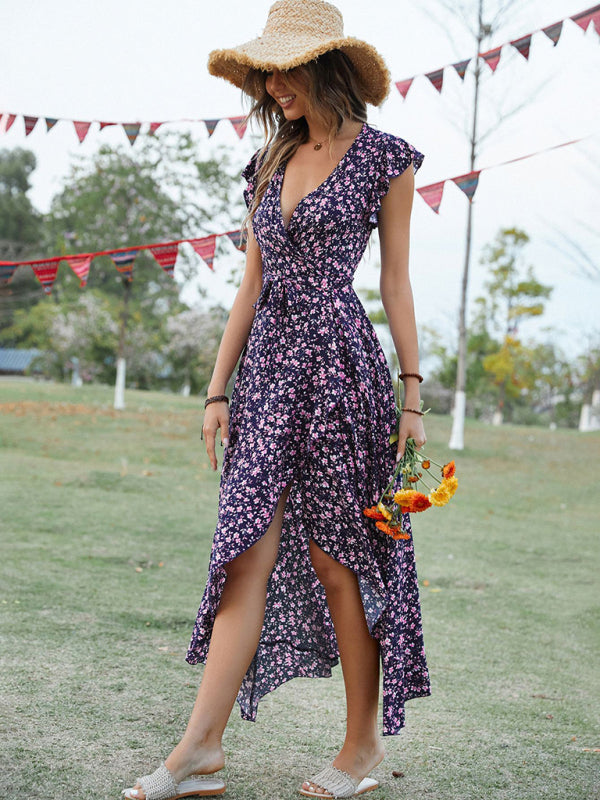 Maxi dress- Floral V-Neck High-Low Wrap Midi Dress- - IndioGear Fashion and Gear