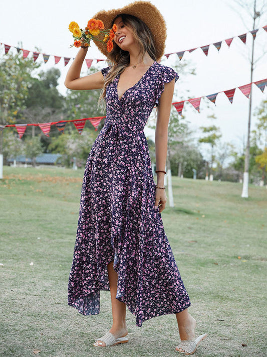 Maxi dress- Floral V-Neck High-Low Wrap Midi Dress- Purple Navy Blue- IndioGear Fashion and Gear