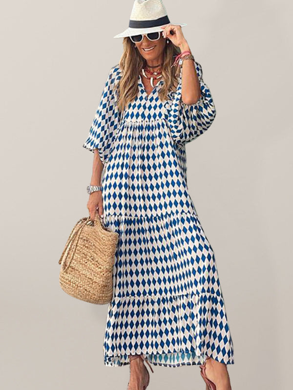 Maxi dress- Geometric Print Puff Sleeve Tiered Holiday Maxi dress- Sky blue azure- IndioGear Fashion and Gear