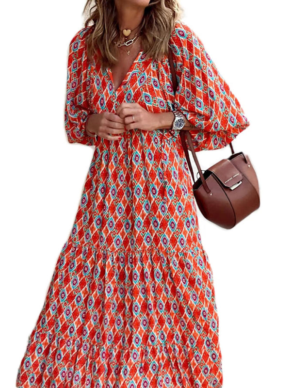 Maxi dress- Geometric Print Puff Sleeve Tiered Holiday Maxi dress- - IndioGear Fashion and Gear