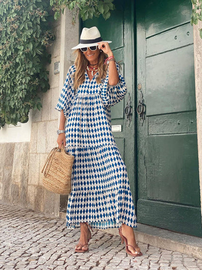 Maxi dress- Geometric Print Puff Sleeve Tiered Holiday Maxi dress- - IndioGear Fashion and Gear