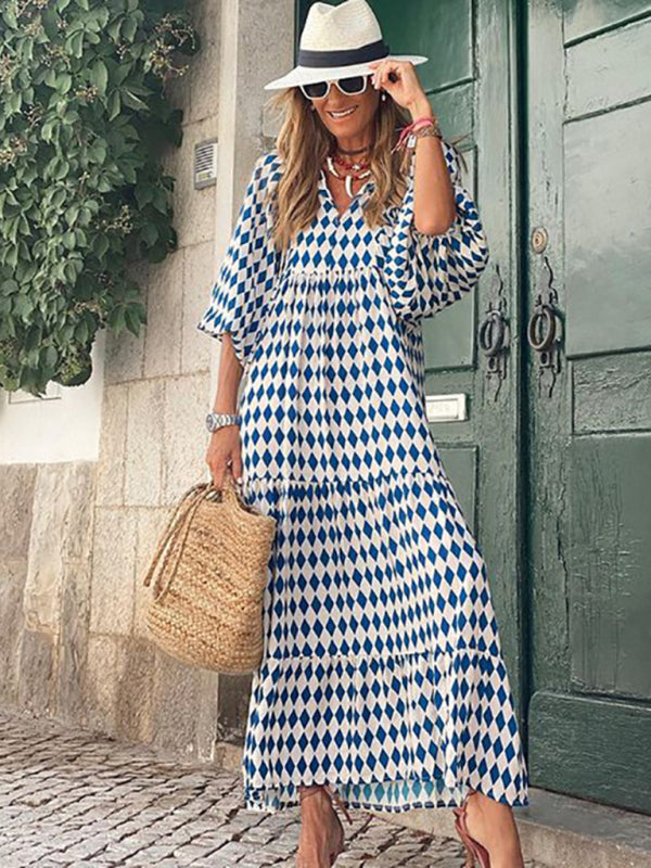 Maxi dress- Geometric Print Puff Sleeve Tiered Holiday Maxi dress- - IndioGear Fashion and Gear