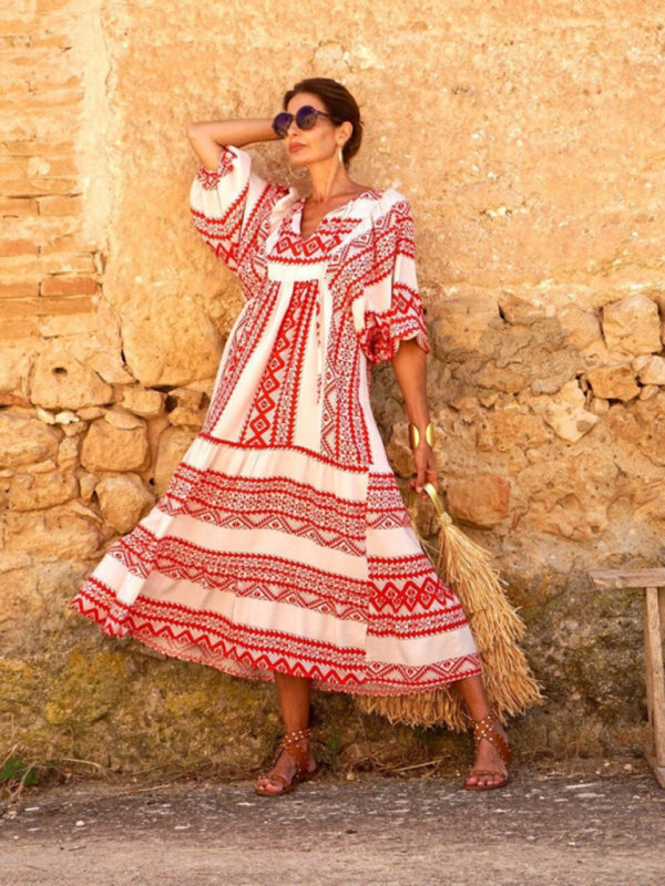 Maxi dress- Geometric Print Puff Sleeve Tiered Holiday Maxi dress- - IndioGear Fashion and Gear