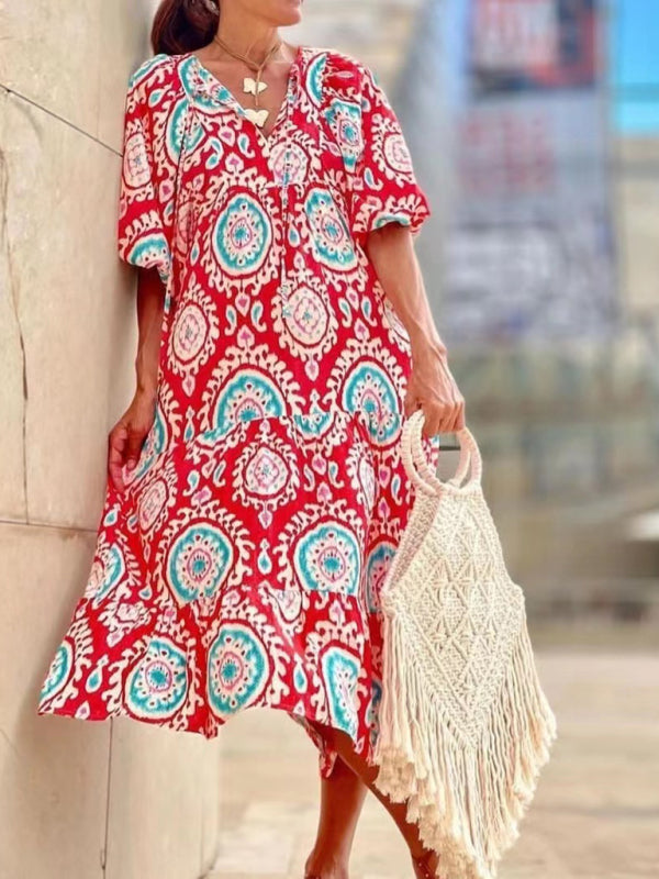 Maxi dress- Geometric Print Puff Sleeve Tiered Holiday Maxi dress- - IndioGear Fashion and Gear