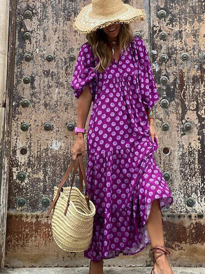 Maxi dress- Geometric Print Puff Sleeve Tiered Holiday Maxi dress- Purple- IndioGear Fashion and Gear