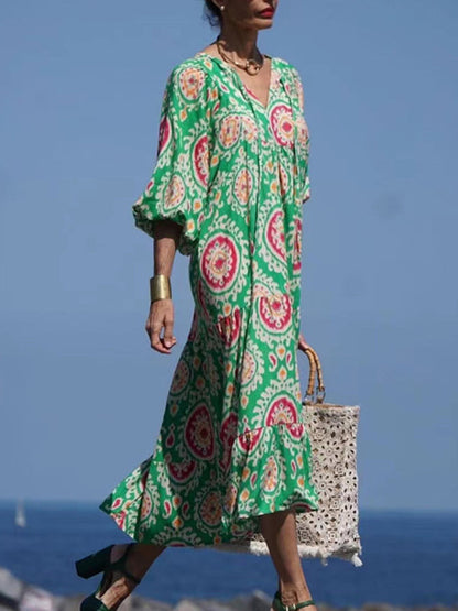 Maxi dress- Geometric Print Puff Sleeve Tiered Holiday Maxi dress- - IndioGear Fashion and Gear