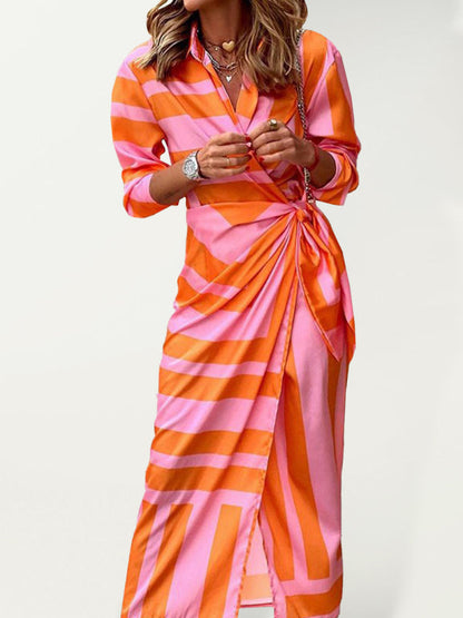 Maxi dress- Lantern Sleeve Waist Tie Wrap Maxi dress- Pink- IndioGear Fashion and Gear