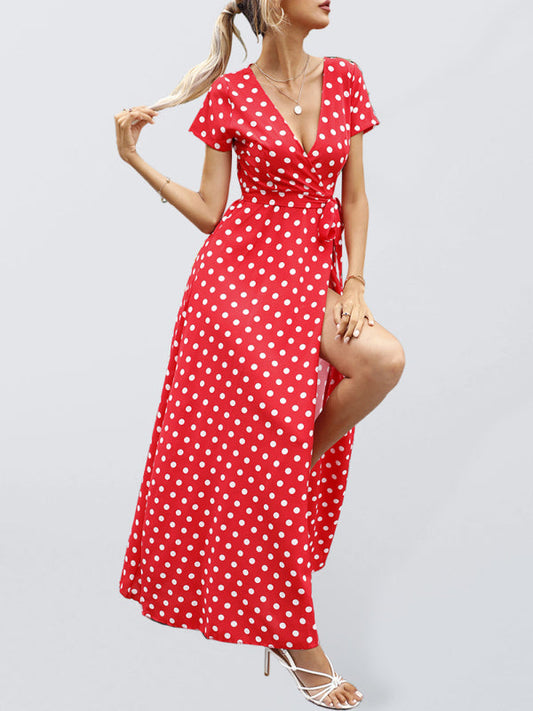 Maxi dress- Polka Dot Cotton Wrap Maxi Dress- Red- IndioGear Fashion and Gear