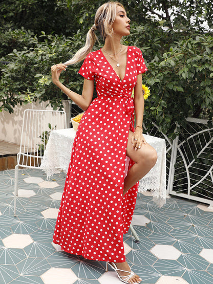 Maxi dress- Polka Dot Cotton Wrap Maxi Dress- - IndioGear Fashion and Gear